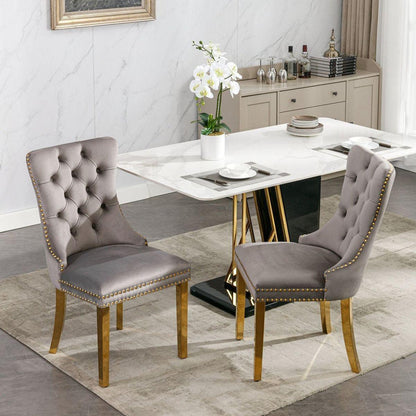 Nikki Collection Modern, High-end Tufted Solid Wood Contemporary Velvet Upholstered Dining Chair with Golden Stainless Steel Plating Legs,Nailhead Trim,Set of 2,Gray and Gold