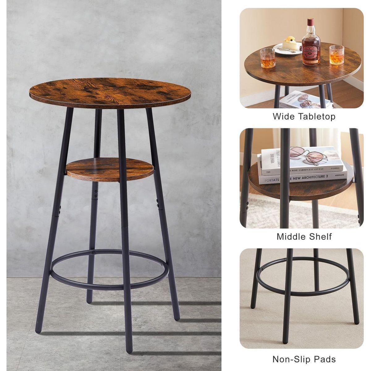 Round bar stool set with shelves, stool with backrest Rustic Brown, 23.6" Dia x 35.4" H - Streamdale Furniture