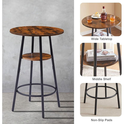 Round bar stool set with shelves, stool with backrest Rustic Brown, 23.6" Dia x 35.4" H - Streamdale Furniture