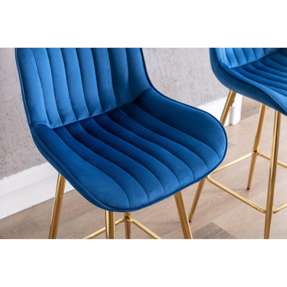 26 Inch Set of 2 Bar Stools, with Steel Frame Footrest Velvet Fabric Golden Leg Simple Bar Stool, BLUE