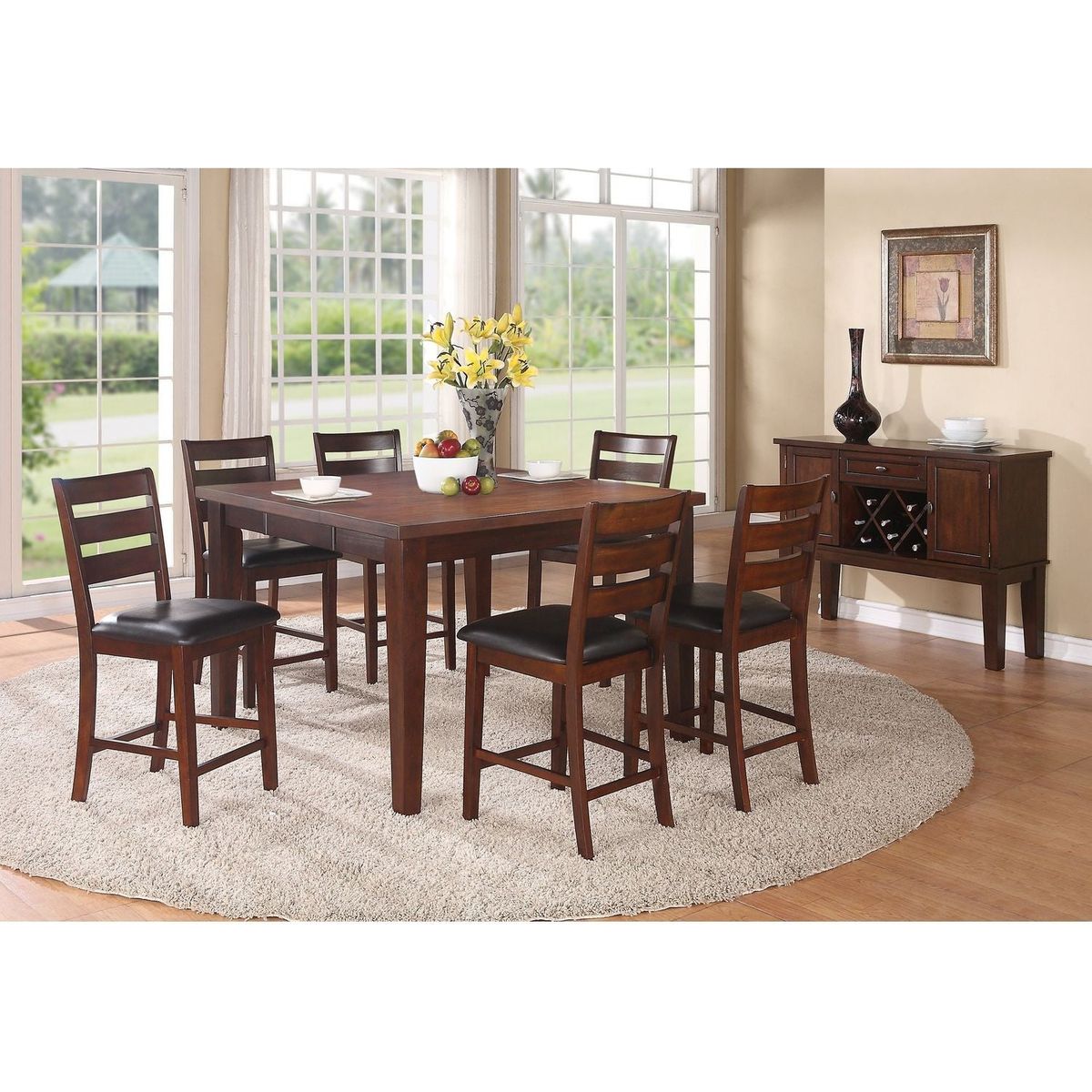 Set of 2 Chairs Dining Room Furniture Antique walnut Wood Finish Cushioned Solid wood Counter Height Chairs Faux Leather Cushion