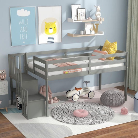 Loft bed with staircase, Gray - Streamdale Furniture