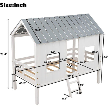 Twin Size Low Loft House Bed with Roof and Two Front Windows, White