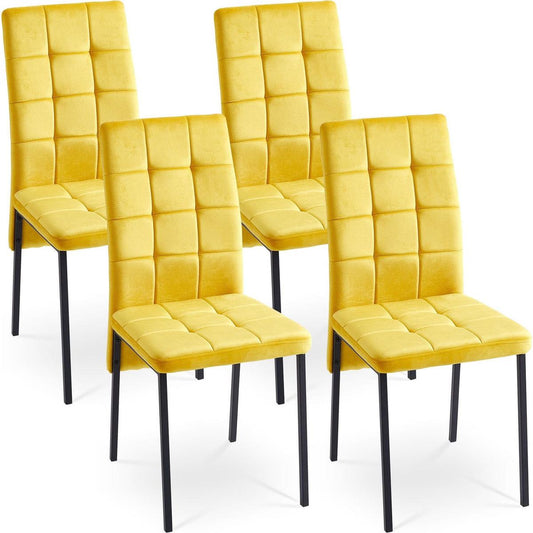 Yellow Velvet High Back Nordic Dining Chair Modern Fabric Chair with Black Legs, Set Of 4