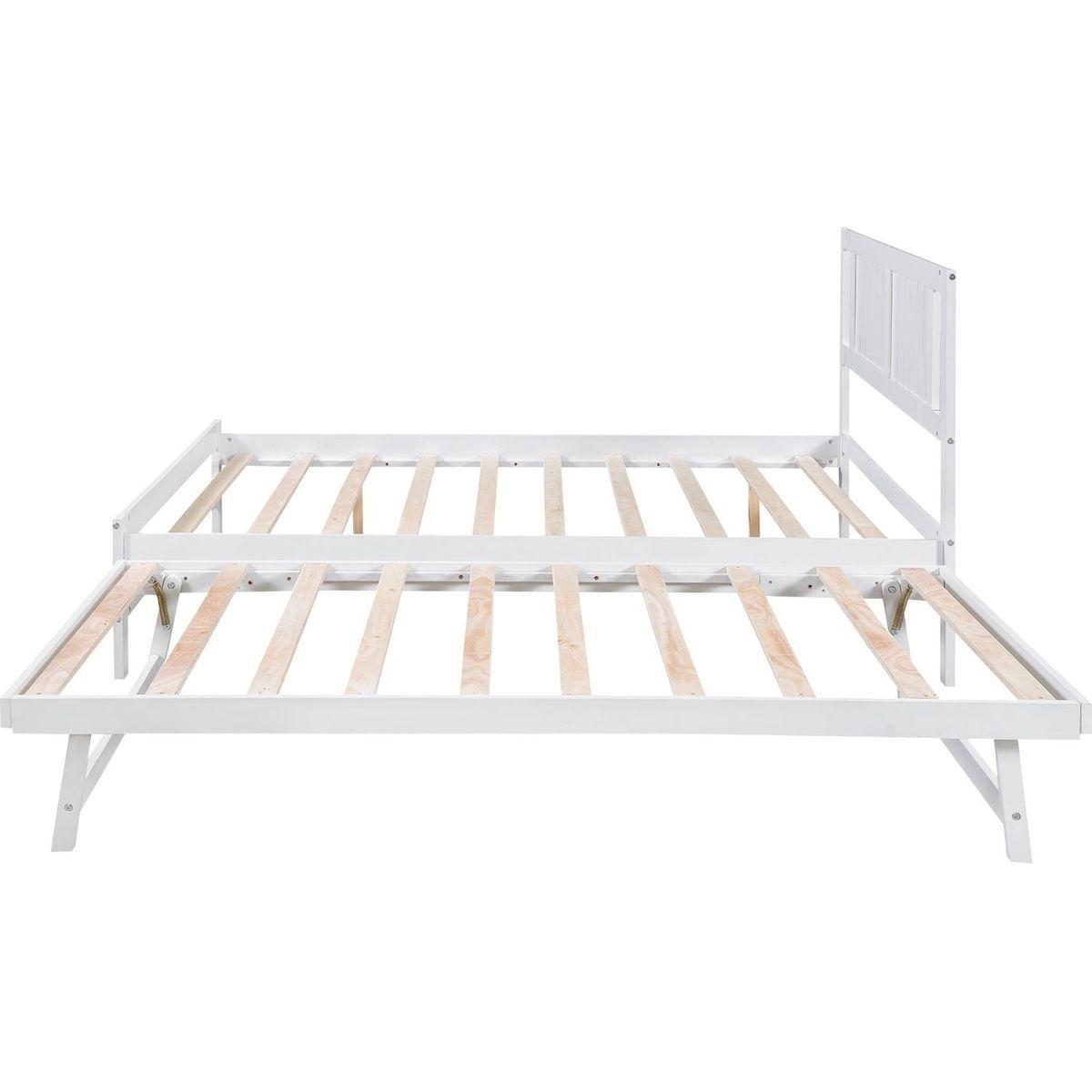 Full Size Platform Bed with Adjustable Trundle, White