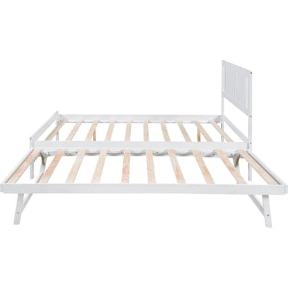 Full Size Platform Bed with Adjustable Trundle, White