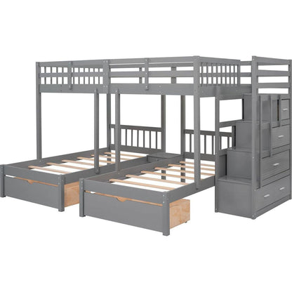 Full Over Twin & Twin Bunk Bed, Wood Triple Bunk Bed with Drawers and Guardrails (Gray)