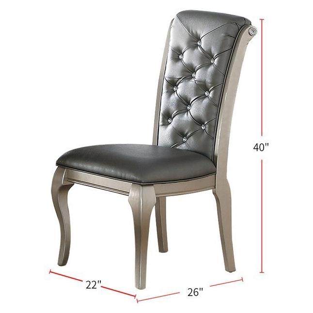 Luxury Antique Silver Wooden Set of 2 Dining Side Chairs Grey Faux Leather / PU Tufted Upholstered Cushion Chairs