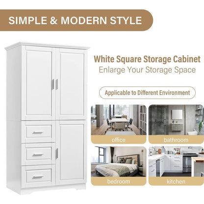 Tall and Wide Storage Cabinet with Doors for Bathroom/Office, Three Drawers, White