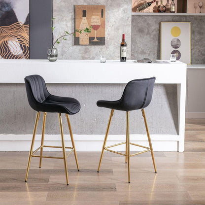 26 Inch Set of 2 Bar Stools, with Chrome Footrest Velvet Fabric Counter Stool Golden Leg Simple Bar Stool, BLACK