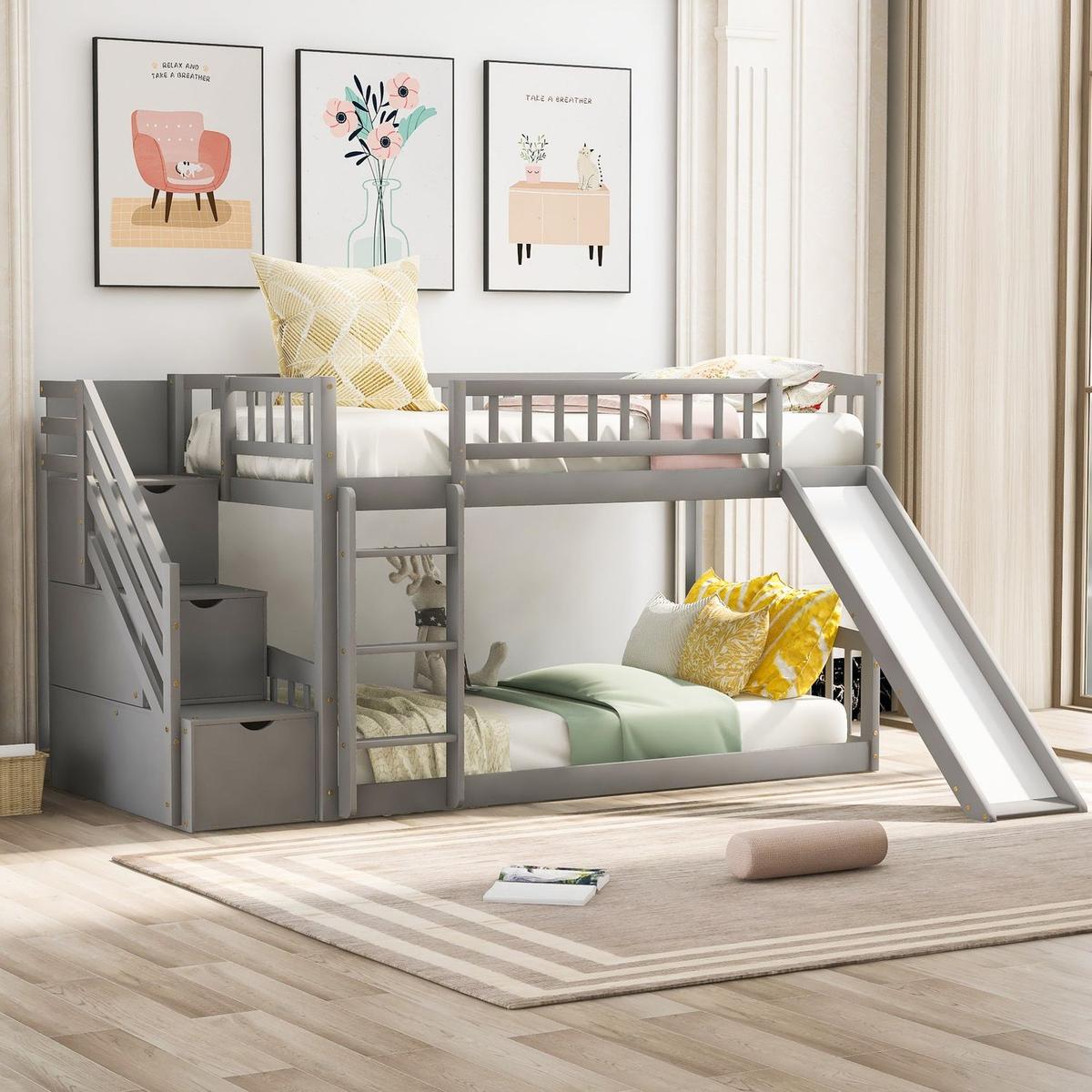 Stairway Twin over Twin Bunk Bed with Two Drawers and Slide, Gray