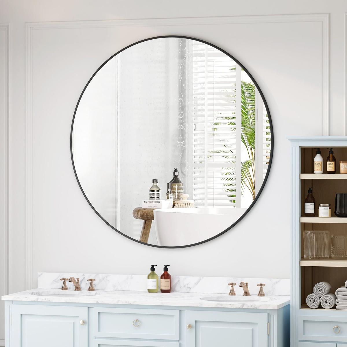 42" Wall Mounted Black Circular Mirror or Bathroom, Living Room, Bedroom Wall Decor