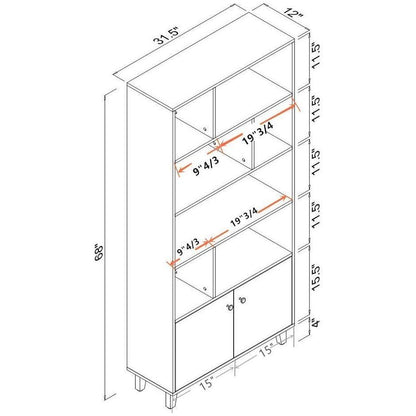 68" Bookcase with 2 Doors, Bookshelf, White