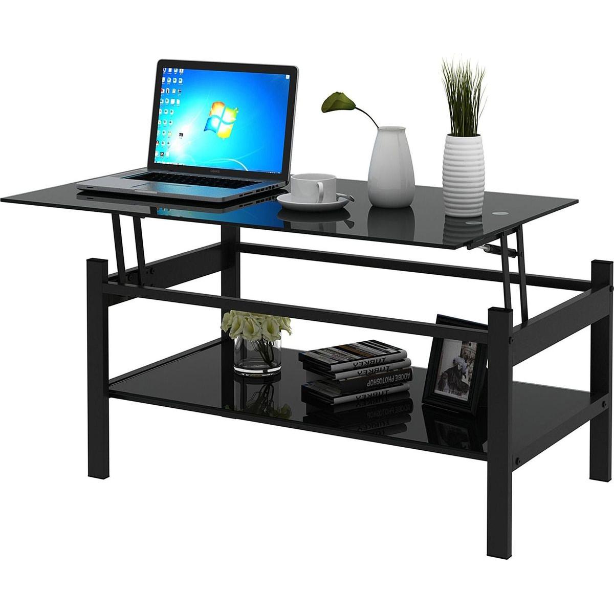 Glass Lift Top Coffee Table, Modern Simple 2-Layer Tempered Glass Coffee Table for Living Room, Black