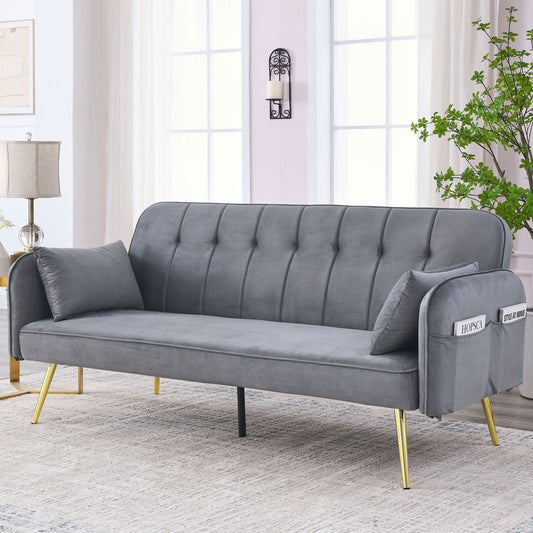 72.5" Convertible Sofa Bed, Adjustable Velvet Sofa Bed - Velvet Folding Lounge Recliner - Reversible Daybed - Ideal for Bedroom with Two Pillows and Center Legs