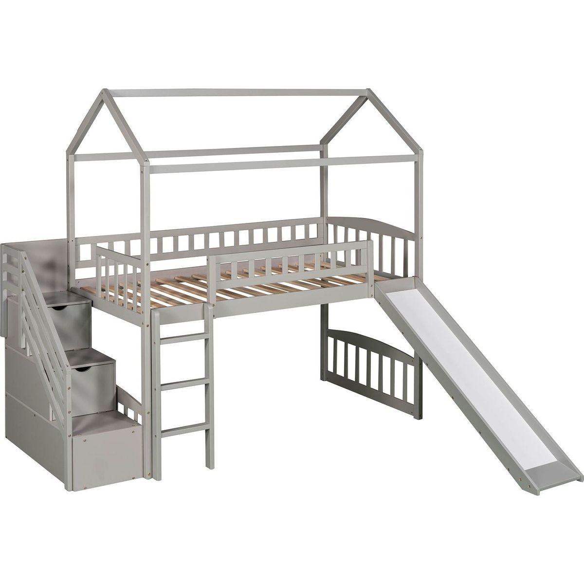 Twin Loft Bed with Two Drawers and Slide, House Bed with Slide, Gray