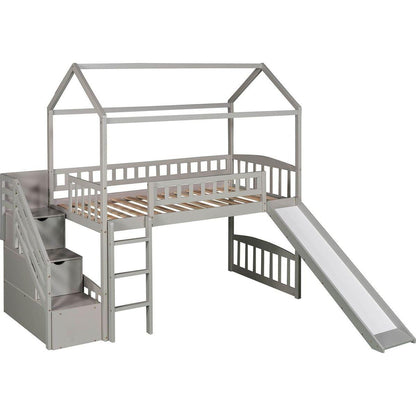 Twin Loft Bed with Two Drawers and Slide, House Bed with Slide, Gray