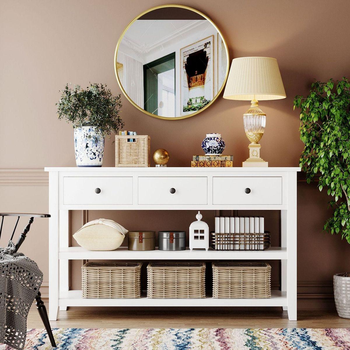 Retro Design Console Table with Two Open Shelves, Pine Solid Wood Frame and Legs for Living Room (Antique White)