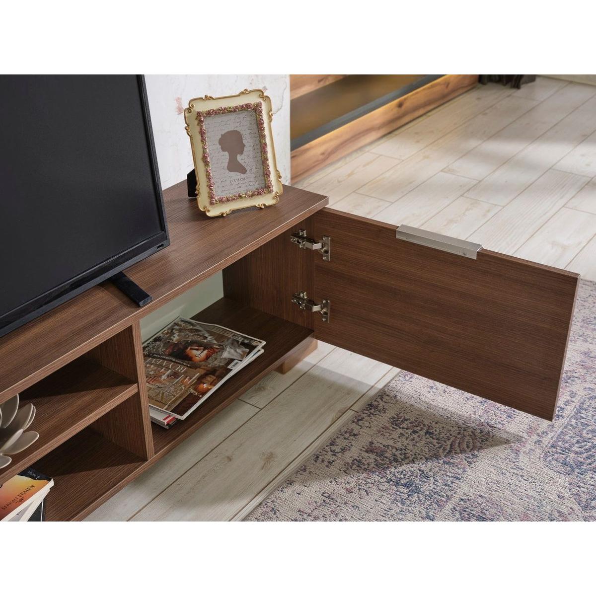 Store April Mid Century Modern Tv Stand 2 Door Cabinets 2 Shelves White 66 inch Tv Unit, Walnut