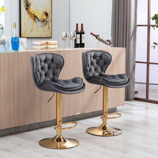 Set of 2 Bar Stools, with Chrome Footrest and Base Swivel Height Adjustable Mechanical Lifting Velvet + Golden Leg Simple Bar