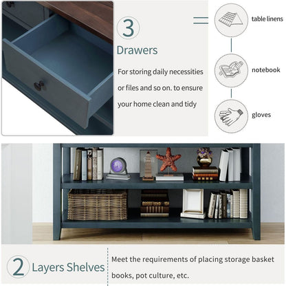 Retro Design Console Table with Two Open Shelves, Pine Solid Wood Frame and Legs for Living Room (Navy) - Streamdale Furniture