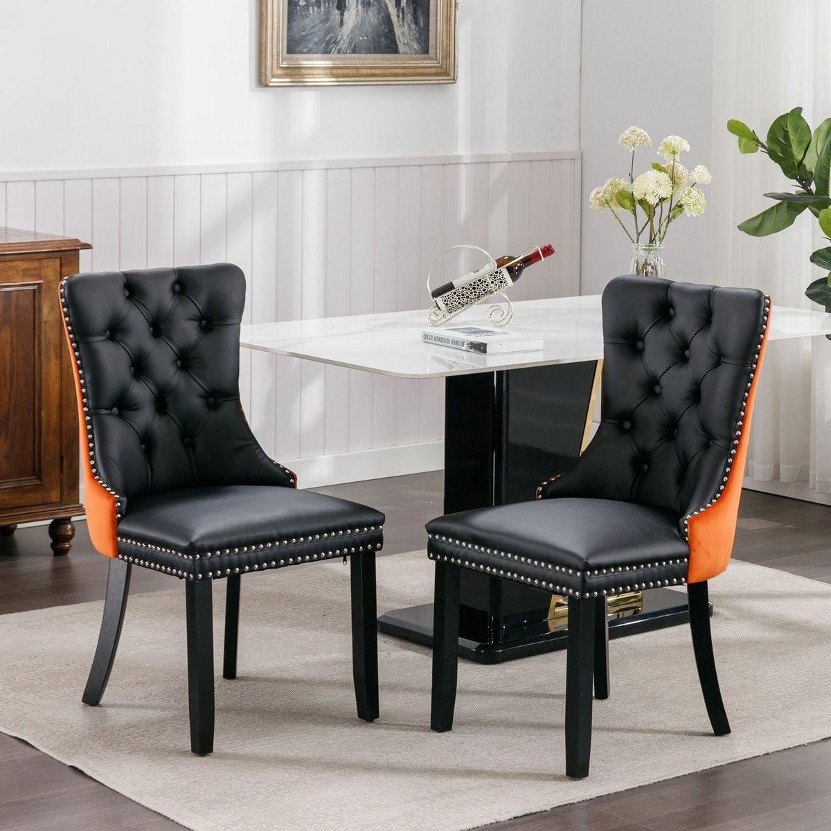 Nikki Collection Modern, High-end Tufted Solid Wood Contemporary PU and Velvet Upholstered Dining Chair with Wood Legs Nailhead Trim 2-Pcs Setlack+Orange