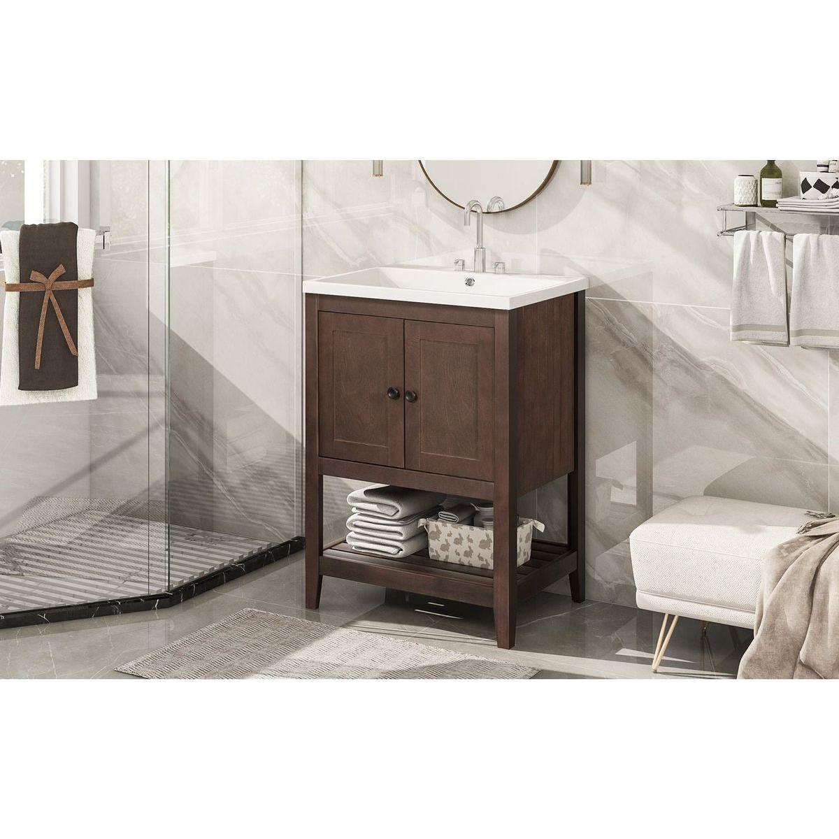 24" Brown Modern Sleek Bathroom Vanity Elegant Ceramic Sink with Solid Wood Frame Open Style Shelf