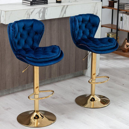 Set of 2 Bar Stools, with Chrome Footrest and Base Swivel Height Adjustable Mechanical Lifting Velvet + Golden Leg Simple Bar - Streamdale Furniture