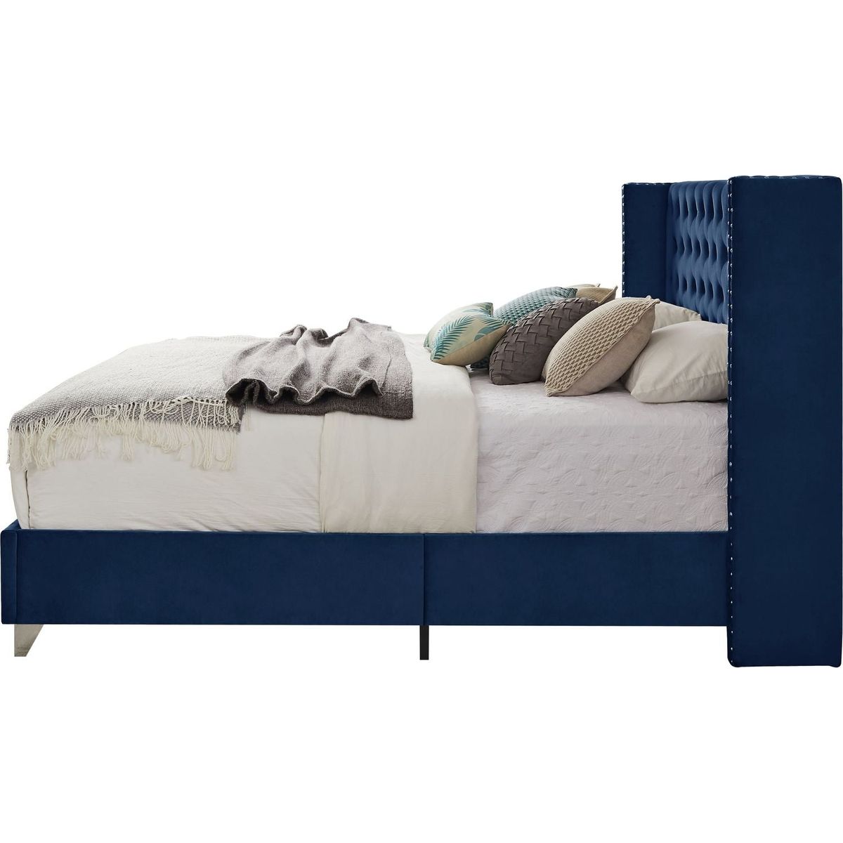 King bed, Button designed Headboard, strong wooden slats + metal legs with Electroplate