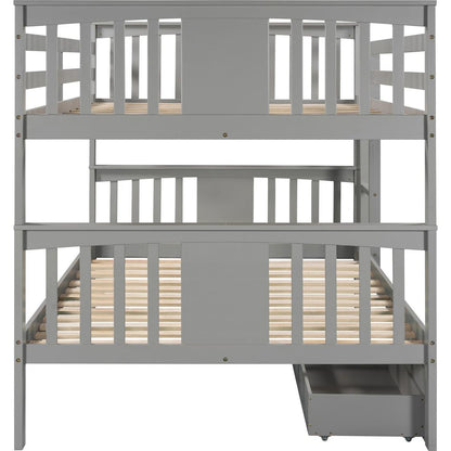 Full over Full Bunk Bed with Drawers and Ladder for Bedroom, Guest Room Furniture-Gray