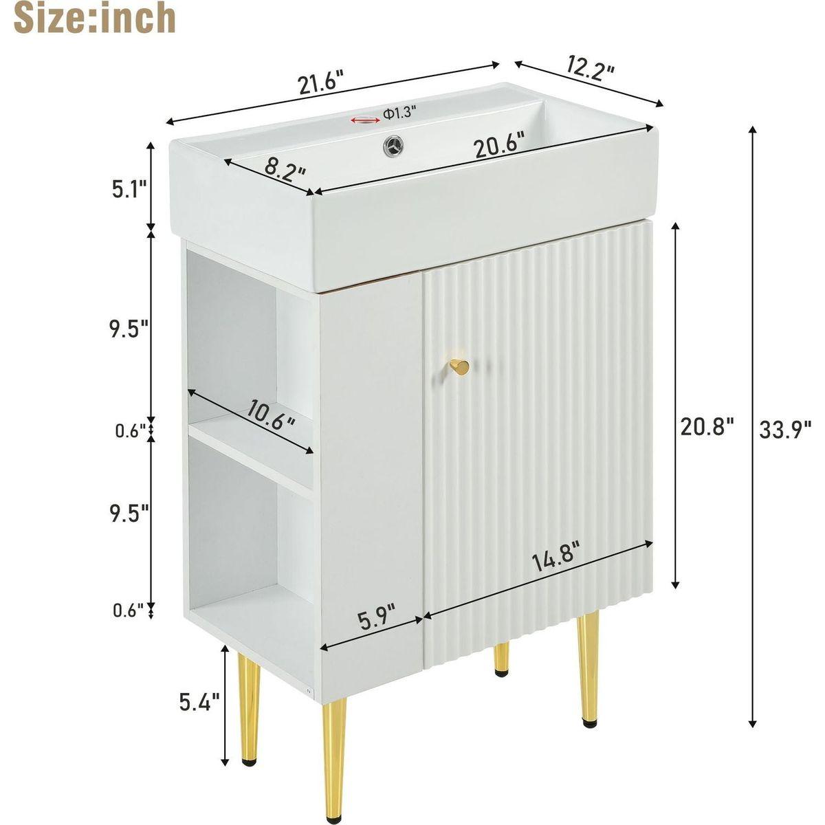 21.6" white Bathroom vanity, Combo Cabinet, Bathroom Storage Cabinet, Single Ceramic Vessel Sink, Left side storage