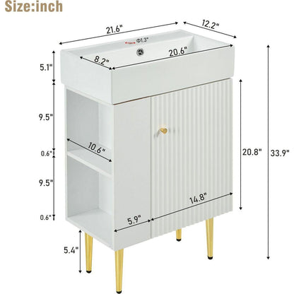 21.6" white Bathroom vanity, Combo Cabinet, Bathroom Storage Cabinet, Single Ceramic Vessel Sink, Left side storage