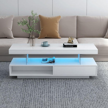 LED Coffee Table with Storage, Modern Center Table with 2 Drawers and Display Shelves, Accent Furniture with LED Lights for Living Room,White