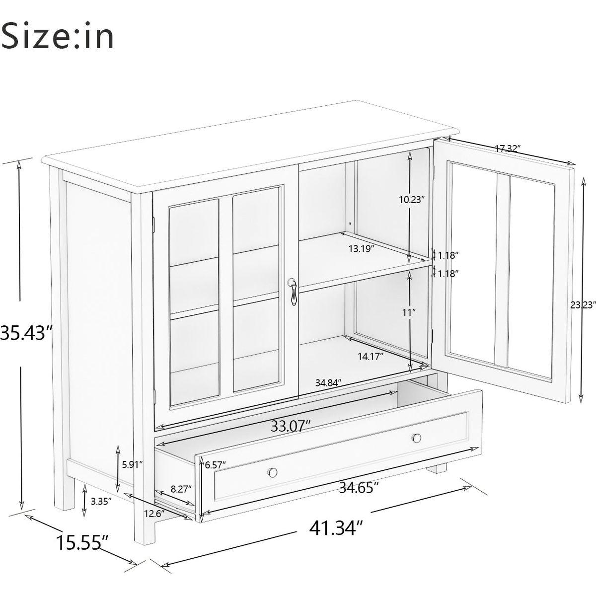 Buffet storage cabinet with double glass doors and unique bell handle