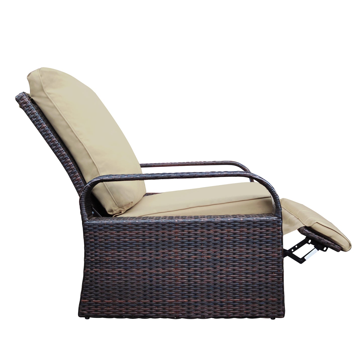 Outdoor Recliner, Automatic Adjustable Wicker Lounge Recliner Chair with Comfy Thicken Cushion, All Weather Aluminum Frame, Brown Wicker + Khaki Cushion