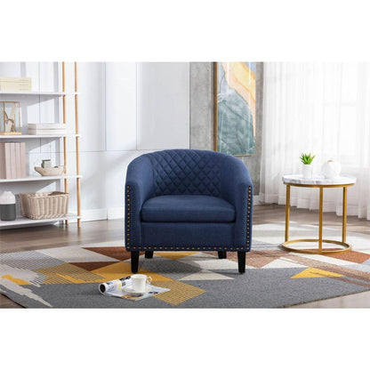 accent Barrel chair living room chair with nailheads and solid wood legs Black Navy Linen