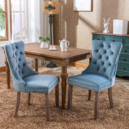 Nikki Collection Modern, High-end Tufted Solid Wood Contemporary Velvet Upholstered Dining Chair with Wood Legs Nailhead Trim 2-Pcs Setight Blue