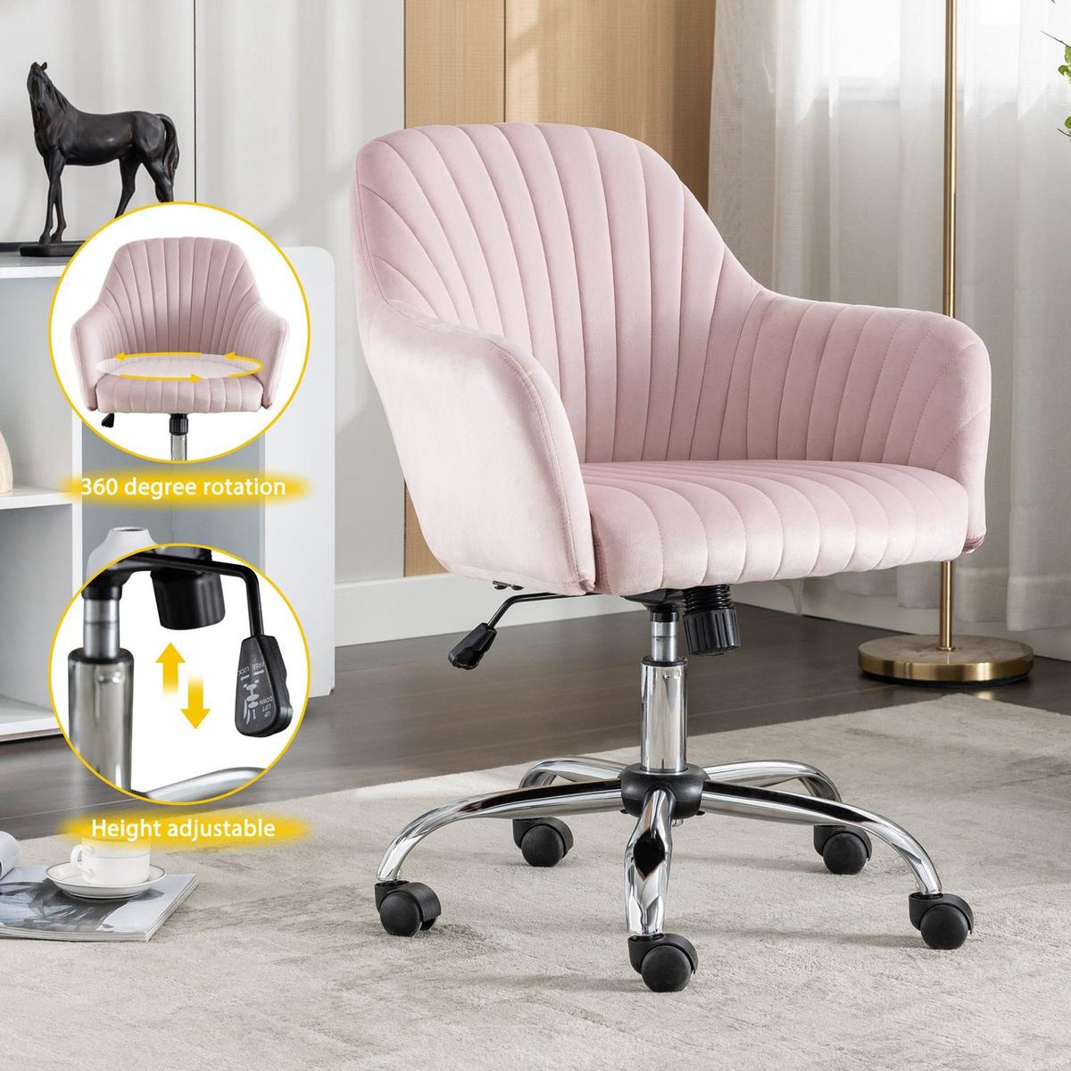 New -Modern home office leisure chair with adjustable velvet height and adjustable casters (PINK)