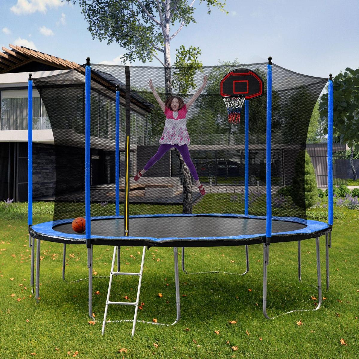 15FT Trampoline with Basketball Hoop Inflator and Ladder (Inner Safety Enclosure) Blue