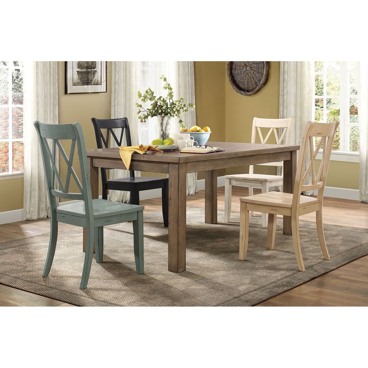 Casual Teal Finish Chairs Set of 2 Pine Veneer Transitional Double-X Back Design Dining Room Chairs