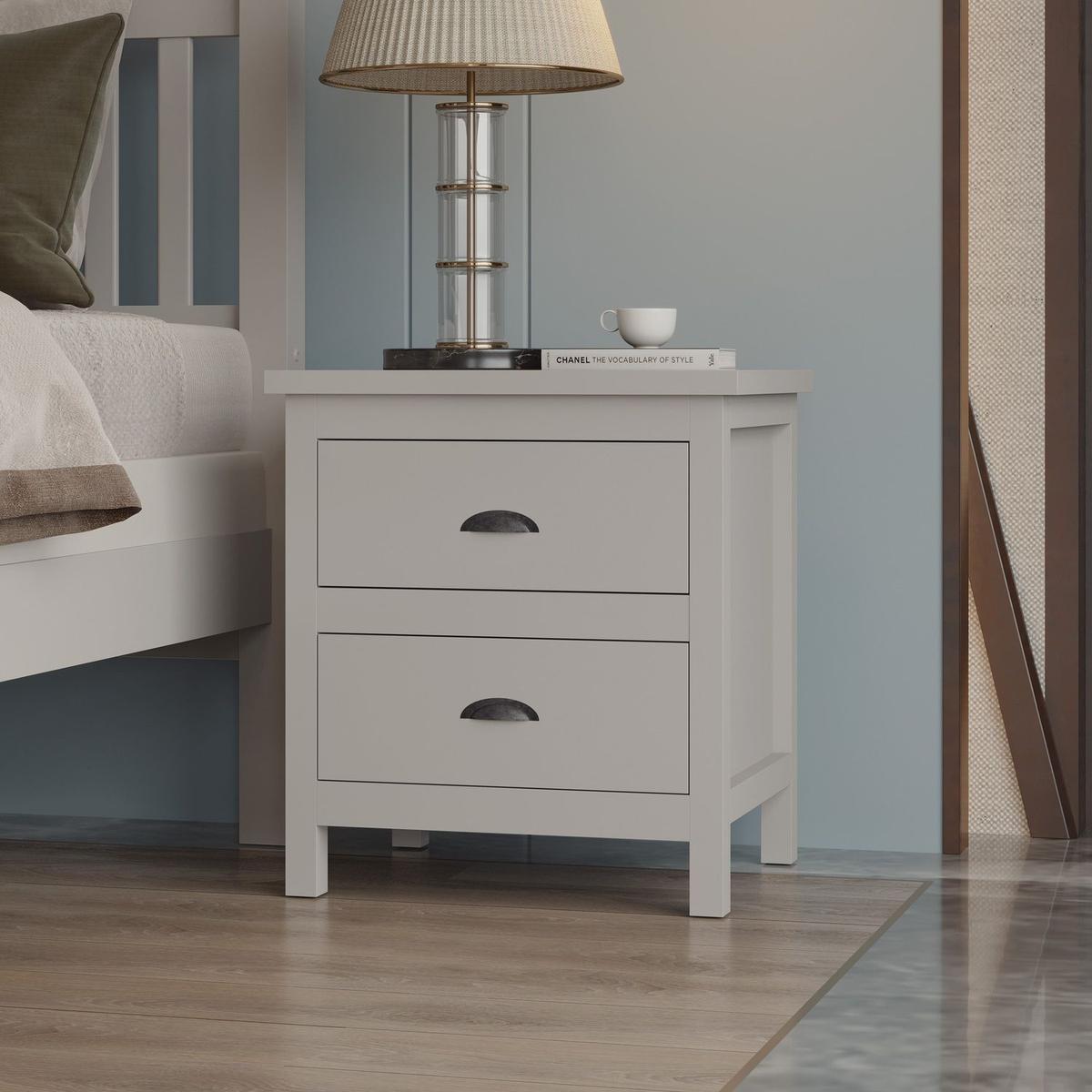 Versatile Gray 2-Drawers Nightstand, Bedside Table, End Table for Living Room Bedroom Assembled with Sturdy Solid Wood