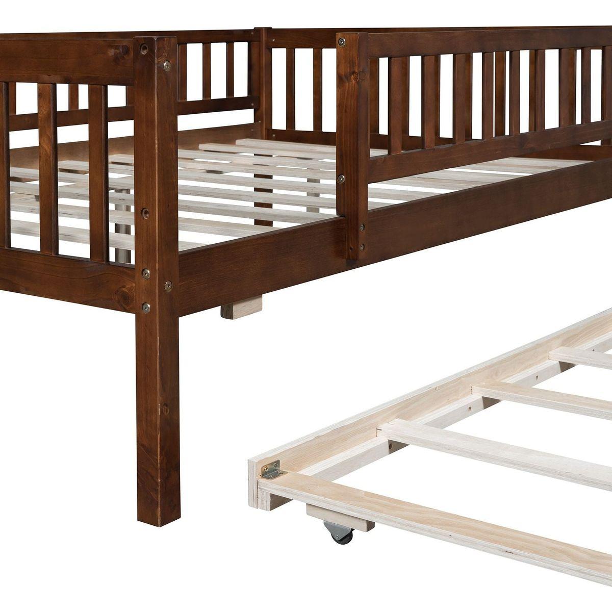 Full Size Wood Daybed with Trundle and Fence Guardrails, Walnut