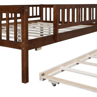 Full Size Wood Daybed with Trundle and Fence Guardrails, Walnut