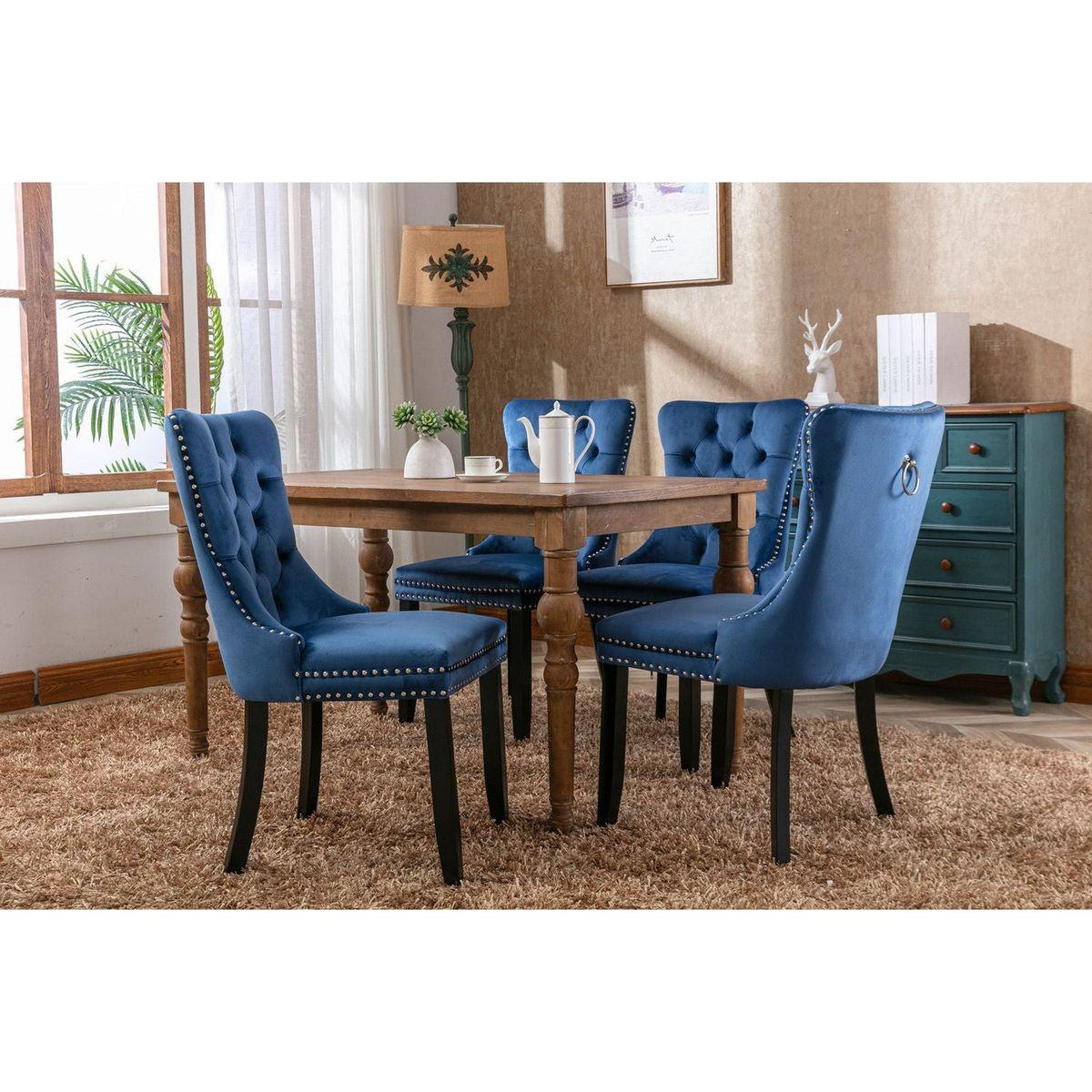 Nikki Collection Modern, High-end Tufted Solid Wood Contemporary Velvet Upholstered Dining Chair with Wood Legs Nailhead Trim 2-Pcs Set,Blue