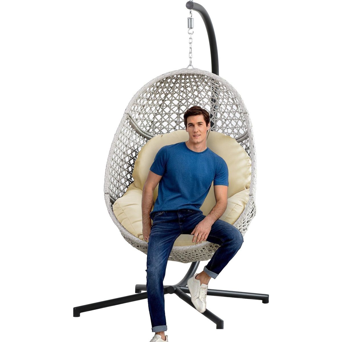 Large Hanging Egg Chair with Stand & UV Resistant Cushion Hammock Chairs with C-Stand for Outdoor Indoor Space