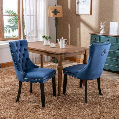 Nikki Collection Modern, High-end Tufted Solid Wood Contemporary Velvet Upholstered Dining Chair with Wood Legs Nailhead Trim 2-Pcs Set,Blue