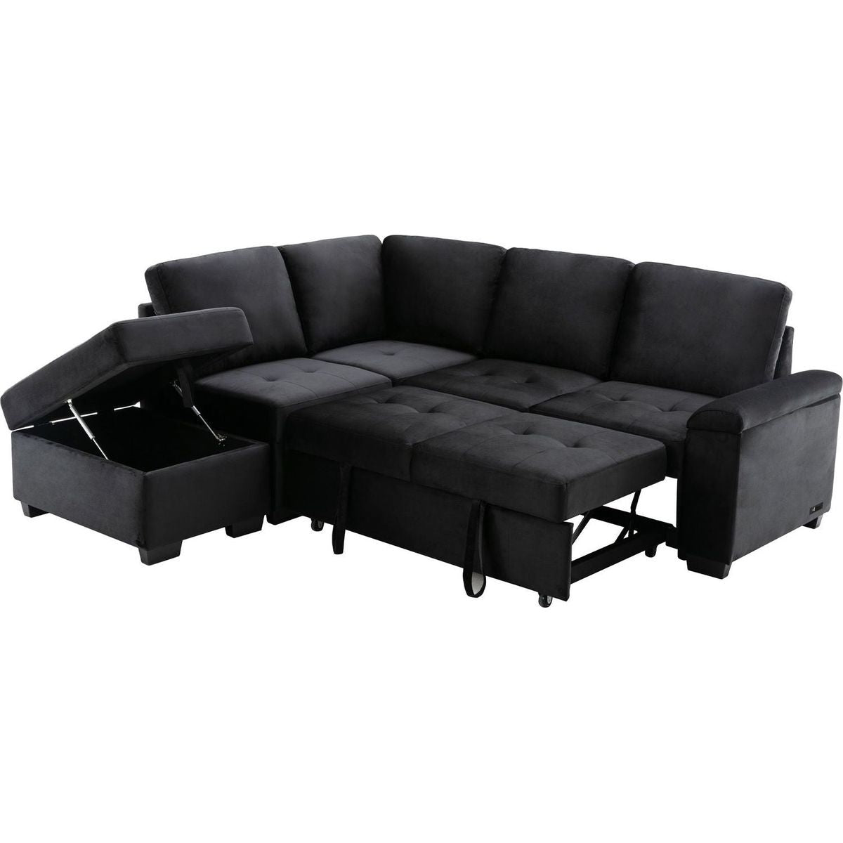 Sleeper Sectional Sofa, L-Shape Corner Couch Sofa-Bed with Storage Ottoman & Hidden Arm Storage & USB Charge for Living Room Apartment, Black