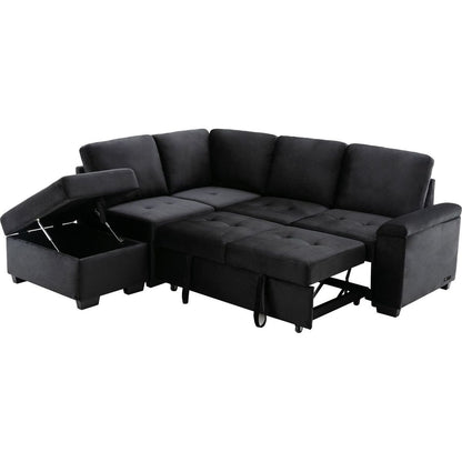 Sleeper Sectional Sofa, L-Shape Corner Couch Sofa-Bed with Storage Ottoman & Hidden Arm Storage & USB Charge for Living Room Apartment, Black