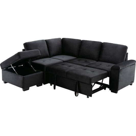 Sleeper Sectional Sofa, L-Shape Corner Couch Sofa-Bed with Storage Ottoman & Hidden Arm Storage & USB Charge for Living Room Apartment, Black