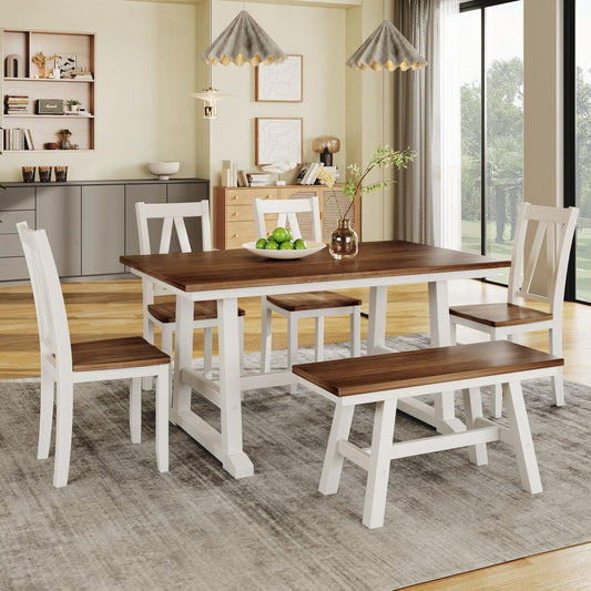 6-Piece Wood Dining Table Set Kitchen Table Set with Long Bench and 4 Dining Chairs, Farmhouse Style, Walnut+White